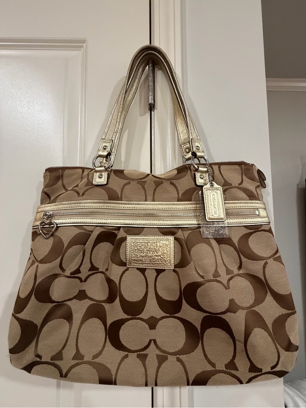 Coach Poppy Brown Signature Shoulder Tote with Gold Trim